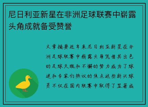 尼日利亚新星在非洲足球联赛中崭露头角成就备受赞誉
