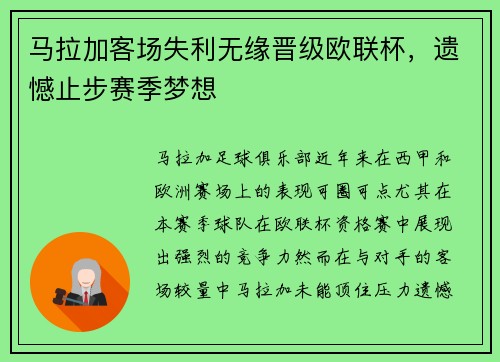 马拉加客场失利无缘晋级欧联杯，遗憾止步赛季梦想